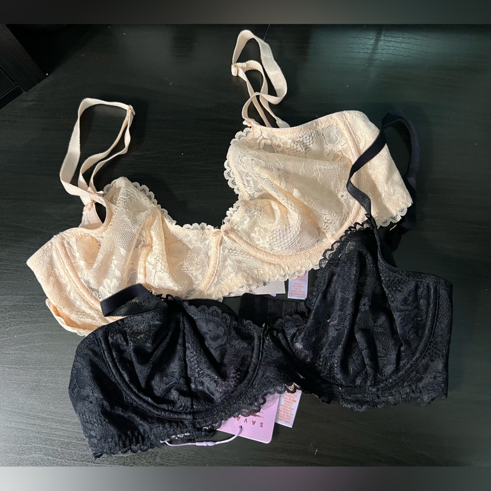 SAVAGE X FENTY BLACK AND SILVER PEONY UNLINED BRAS